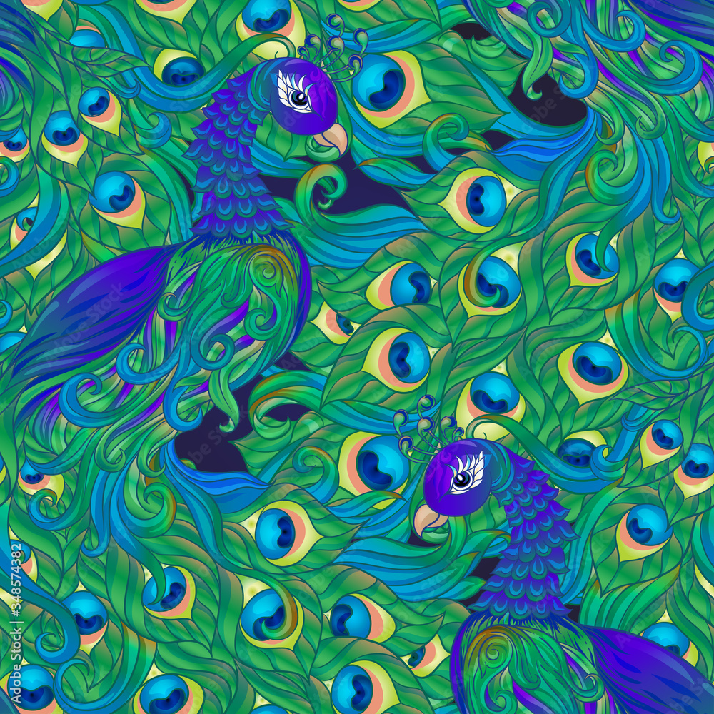 Peacock bird seamless pattern, background. On dark blue background