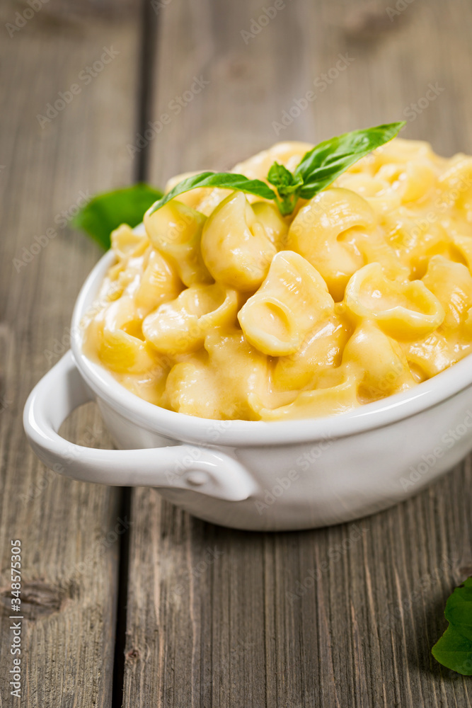 Parmesan Macaroni and Cheese on Wooden Background. Selective focus.