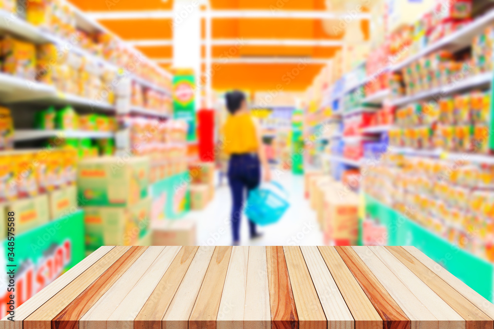 wood floor and blur woman shopping in supermarket
