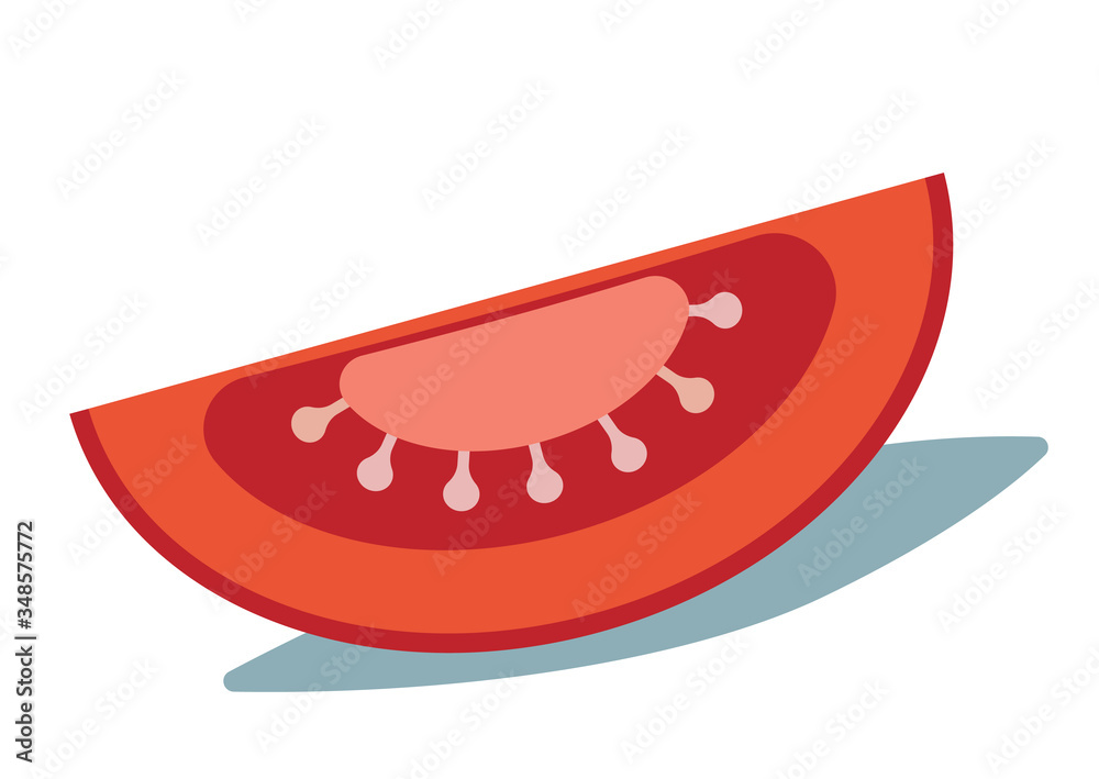 Italian food fresh red juicy tomato flat vector art. Pizza or salad ingredient, bloody Mary cocktail garnish. Restaurant, farmers market, grocery, vegan shop ads, menu design, website recipe decor Italian food fresh red juicy tomato flat vector art. Pizza or salad ingredient, bloody Mary cocktail garnish. Restaurant, farmers market, grocery, vegan shop ads, menu design, website recipe decor