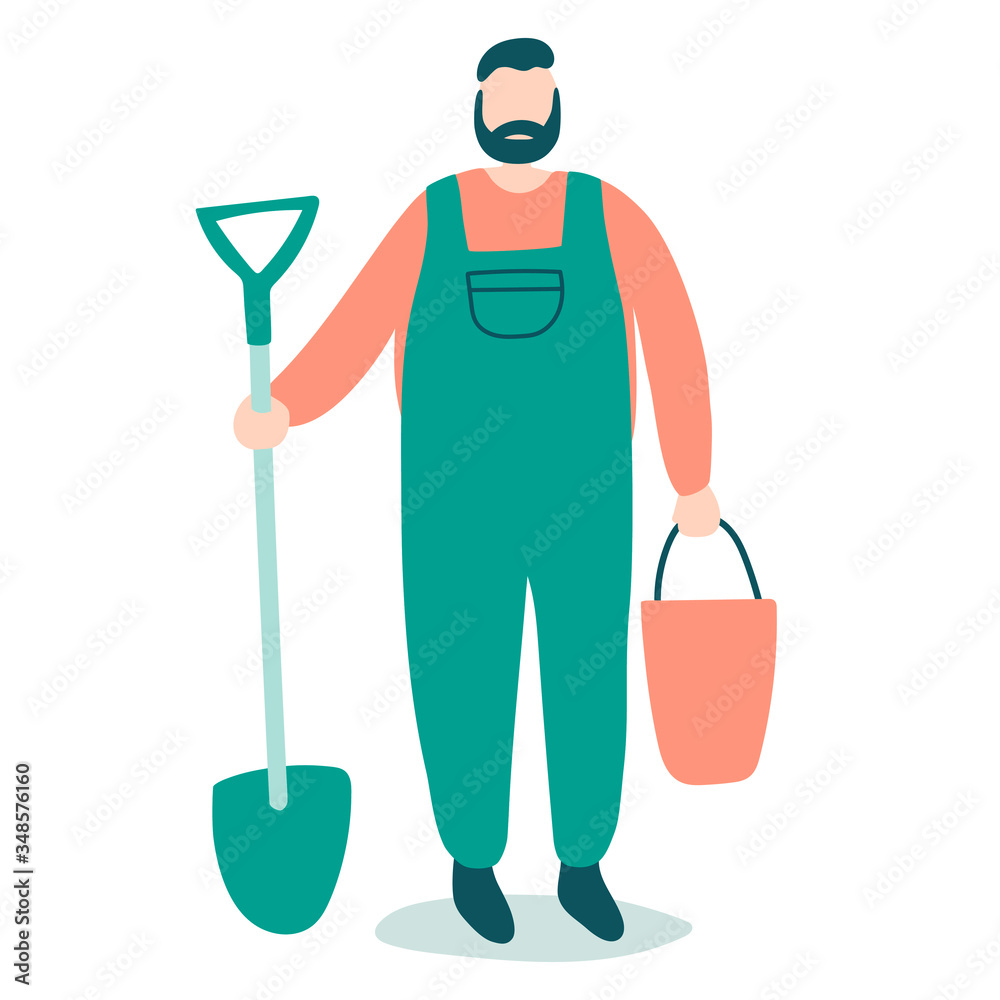 Vector illustration with cute cartoon gardener man with shovel and bucket. Beard gardener in green overalls. Concept of garden work isolated on white background. Characters design