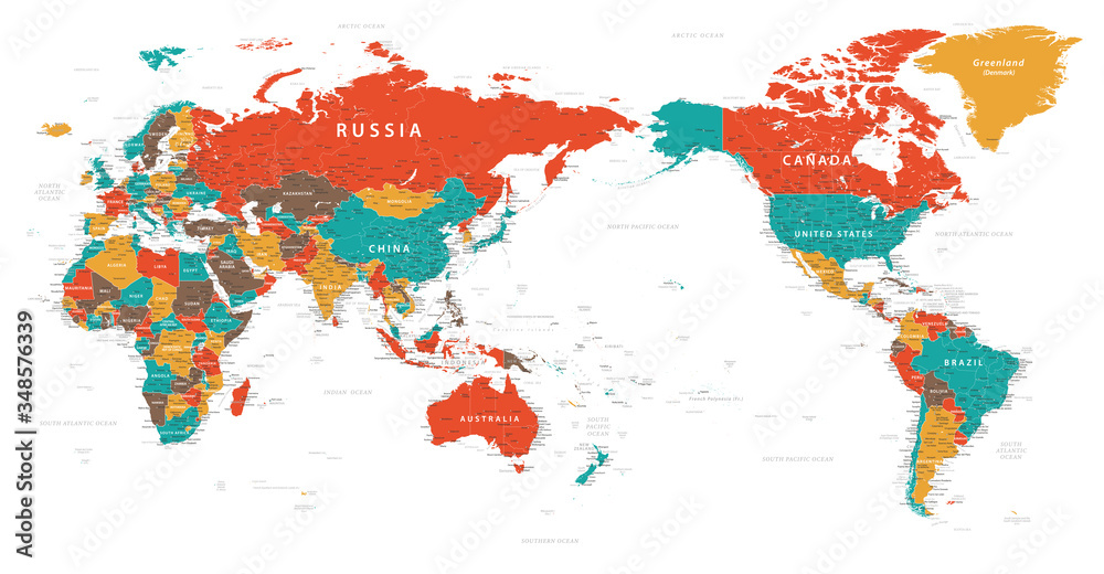 Fototapeta premium Mapa świata - Pacyfik Chiny Azja wyśrodkowany widok - kolor polityczny - szczegółowe ilustracji wektorowych warstw