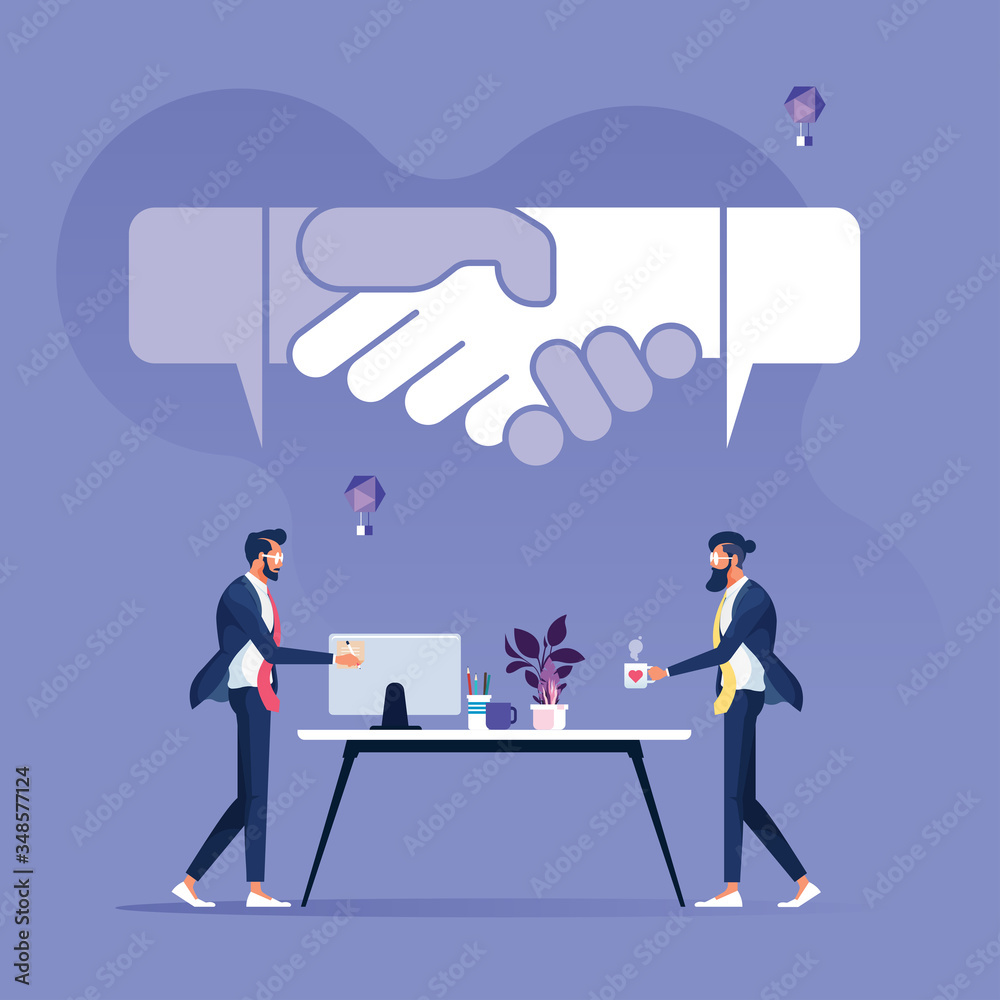 Two businessman talk to completed the deal with speech bubble shape hand shake-Business agreement concept Two businessman talk to completed the deal with speech bubble shape hand shake-Business agreement concept