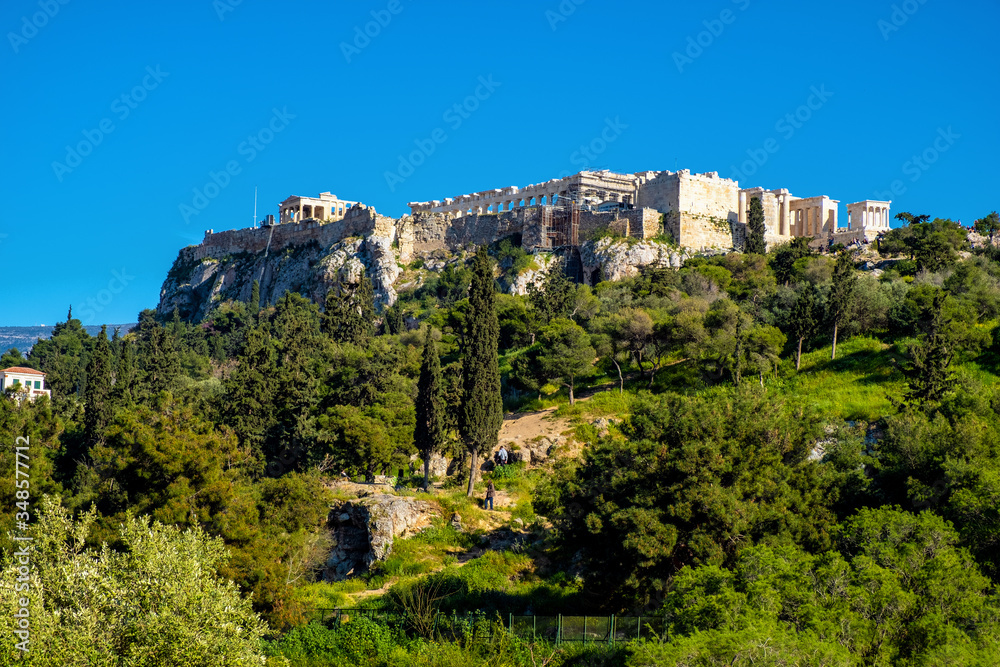Panoramic view of Acropolis of Athens with Parthenon and Olympic Gods temples in ancient city center in Athens, Greece