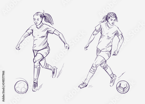 Soccer player. Girl soccer player runs with the ballHand drawn vector illustration. Black on transparent background