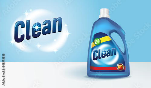 Bottle of detergent with label 3D mockup. Cleaning product realistic design. Washing supply advertisement, vector illustration