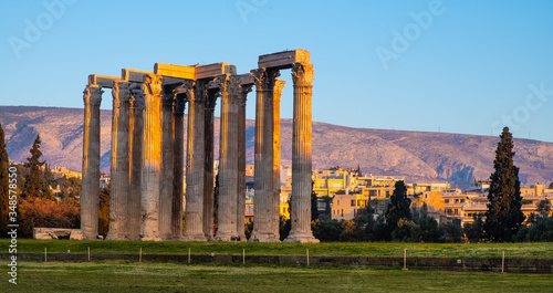 Panoramic view of Temple of Olympian Zeus, known as Olympieion at Leof Andrea Siggrou street in ancient city center old town borough in Athens, Greece