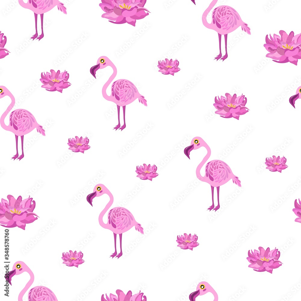 Seamless pattern with flamingos and pink lilies. Vector illustration with flamingos. Tropical pattern. Design of a summer gift. Flamingos on a white background. Spring print for clothing, shoes. Seamless pattern with flamingos and pink lilies. Vector illustration with flamingos. Tropical pattern. Design of a summer gift. Flamingos on a white background. Spring print for clothing, shoes.