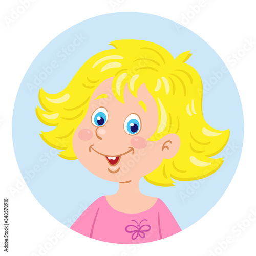 Portrait of a little cute girl with blond hair. Avatar icon in the circle. In cartoon style. Isolated on white background. Vector  flat illustration.