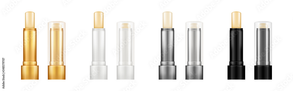 Set of realistic glossy tintless lipstick tube mockups with transparent cap - black, white, silver, gold. Plastic package design. Blank cosmetic and skin care template. Isolated 3d vector illustration