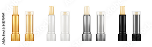 Set of realistic glossy tintless lipstick tube mockups with transparent cap - black, white, silver, gold. Plastic package design. Blank cosmetic and skin care template. Isolated 3d vector illustration