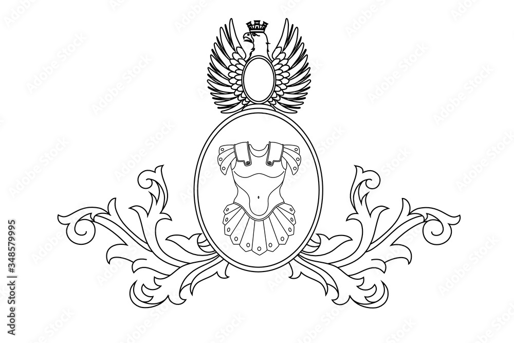 A coat of arms crest heraldic medieval knight or royal family shield. Outline vintage motif with filigree leaf heraldry.