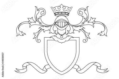 A coat of arms crest heraldic medieval knight or royal family shield. Outline vintage motif with filigree leaf heraldry. Heraldry crown