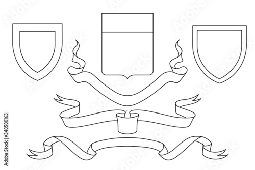 Set of coat of arms crest heraldic medieval royal family shield. outline vintage motif with filigree leaf heraldry. Heraldic elements
