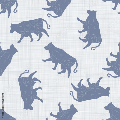 Seamless french farmhouse cow butcher chart pattern. Farmhouse linen shabby chic style. Hand drawn rustic texture background. Country farm kitchen design. Pork meat cut textile all over print. photo