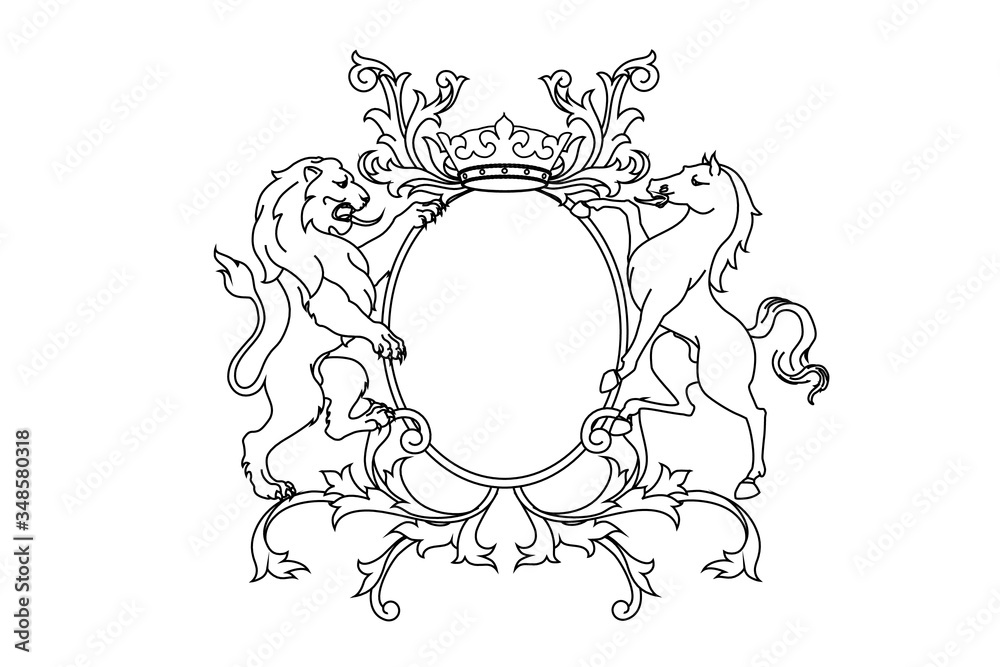 Φωτογραφία A coat of arms crest heraldic medieval rampant lion and horse for royal family shield