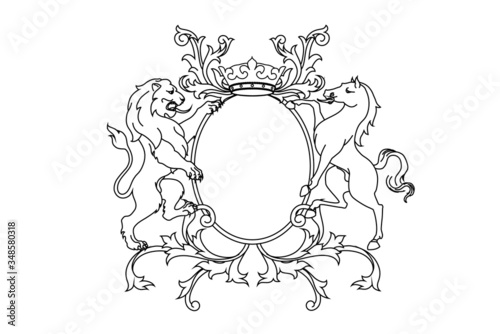 A coat of arms crest heraldic medieval rampant lion and horse for royal family shield. Outline vintage motif with filigree leaf heraldry.