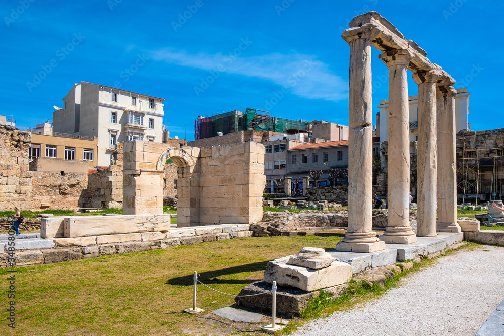 Library of Hadrian - Hadrian’s Library - ruins with remaining stone archeologic artefacts at the Monstiraki square of ancient old town borough in Athens, Greece