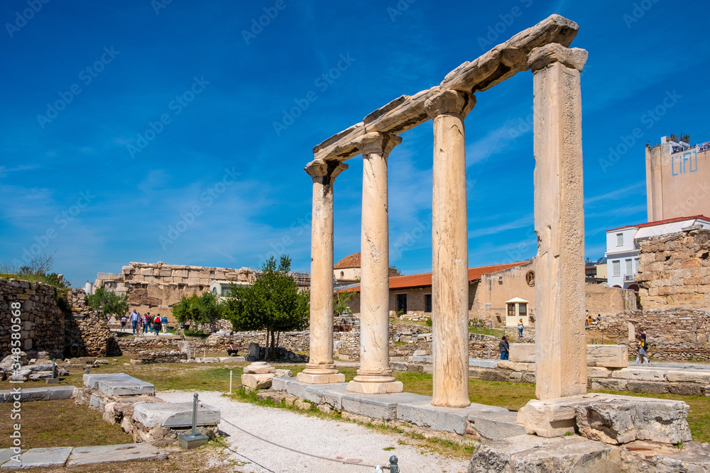 Library of Hadrian - Hadrian’s Library - ruins with remaining stone archeologic artefacts at the Monstiraki square of ancient old town borough in Athens, Greece