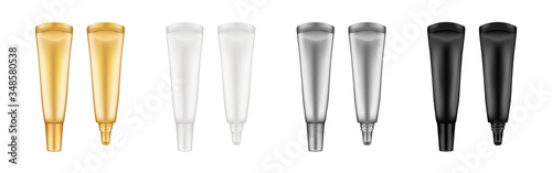 Set of realistic lip glossy balm tube mockups - white, silver, gold, black. Plastic package design. Blank cosmetic and skin care template. Isolated 3d vector illustration