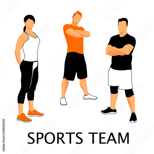 Men and a woman with a muscular body in sports clothes stand next to each other. Without a face. Color vector illustration.