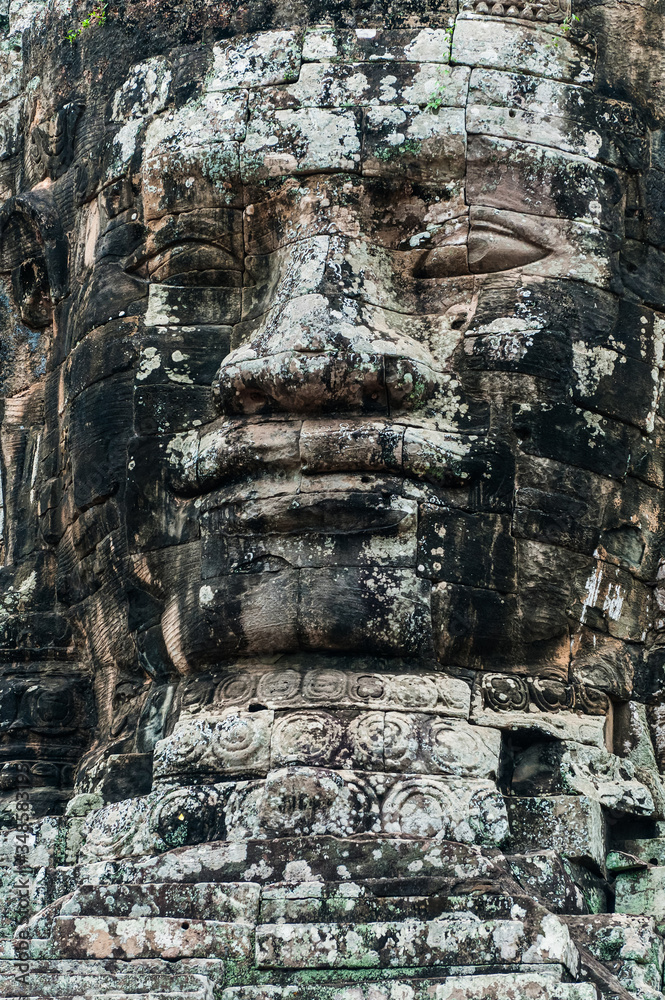 Close up of one of the Stone Face Towers in the Bayon Temple, Angkor Thom, Cambodia