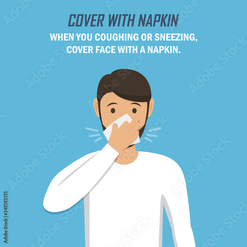 Recommendation during a coronavirus pandemic. Cover with napkin. Man sneezes and covers himself with a napkin in a flat design on a blue background