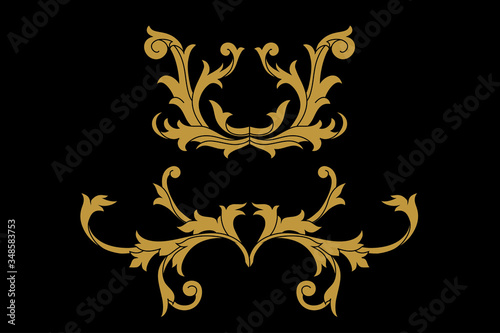 Heraldic medieval floral elements or royal family shield. Golden vintage motif with filigree leaf heraldry. 