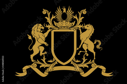 A coat of arms crest heraldic medieval rampant lion and horse with silver eagle for royal family shield. Black and golden vintage motif with filigree leaf heraldry.