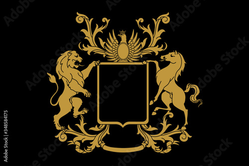 A coat of arms crest heraldic medieval rampant lion and horse with silver eagle for royal family shield. Black and golden vintage motif with filigree leaf heraldry.