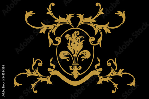 A coat of arms crest heraldic medieval lys flower or royal family shield. Golden vintage motif with filigree leaf heraldry.