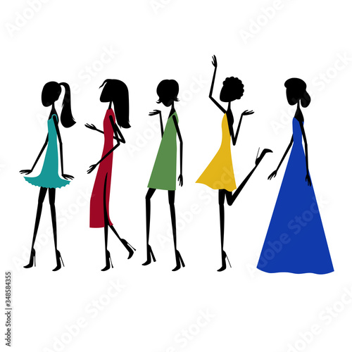 black silhouettes of models on the catwalk in dresses of different styles and color
