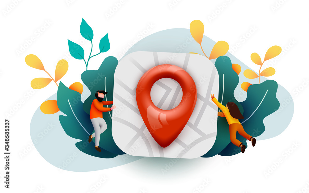 Fototapeta premium Small people flying around big Map with map pin. Travel or journey concept. Location, address or contacts sign.