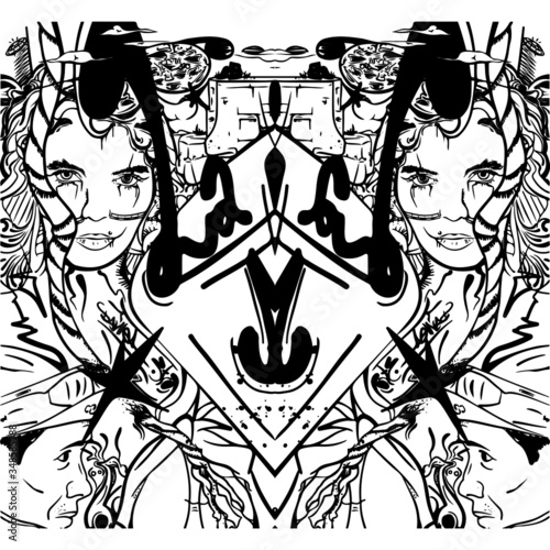 black and white cartoon illustration of a young woman and more