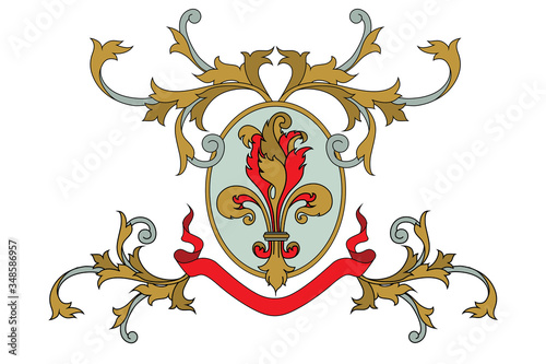 A coat of arms crest heraldic medieval lys flower or royal family shield. Red and golden vintage motif with filigree leaf heraldry.