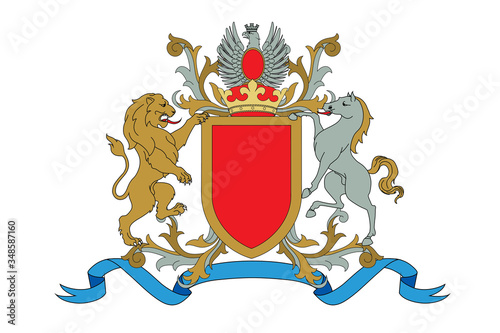 A coat of arms crest heraldic medieval rampant lion and horse with silver eagle for royal family shield. Red and golden vintage motif with filigree leaf heraldry.