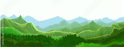 Mountains silhouette landscape vector. Mount range Scenery. Skyline panorama. Horizon. Deciduous forest, green trees. Art. Beautiful view.