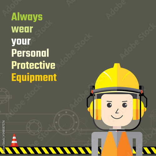 Construction and industrial safety tips for wear personal protective equipment. Worker and his face shield, hard hat and ear muff.