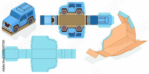 Gift Box Packaging Template Editable Blueprint Layout with Cutting and Scoring Lines. Vehicle  on the background.Joyful Happy Travel Trip. Ready to go for print