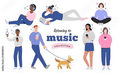 Young people in headphones listening to music at home, doing yoga, in the street walking a dog, joyful cartoon characters, isolated flat vector illustration, teenagers with musical app