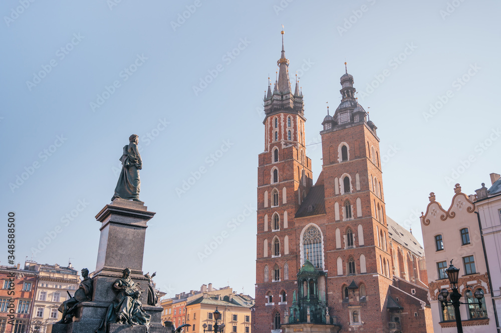 Krakow Old Town with view of St. Mary's Basilica during sunrise