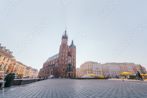 Krakow Old Town with view of St. Mary's Basilica during sunrise