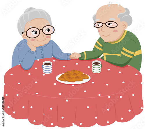 Senior couple dating. Vector illustration of cheerful old couple enjoying coffee or tea together.