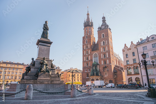 Krakow Old Town with view of St. Mary's Basilica during sunrise