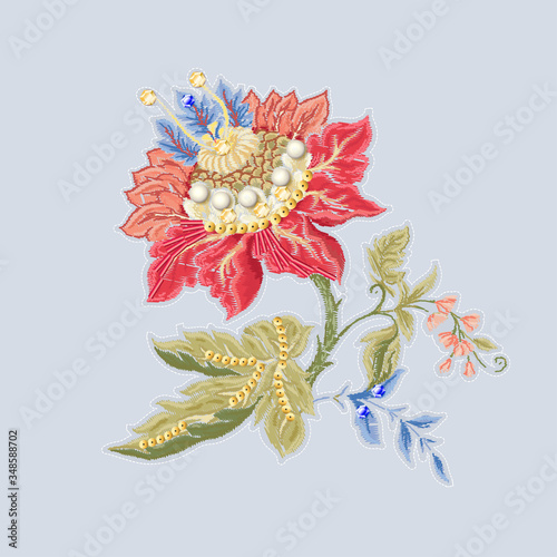 Fantasy flowers in retro, vintage, jacobean embroidery style. Embroidery imitation with beads and sequins. Vector illustration.