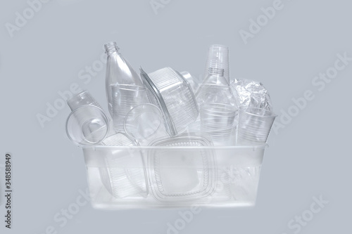 collection plastic tableware utensils white background container crockery