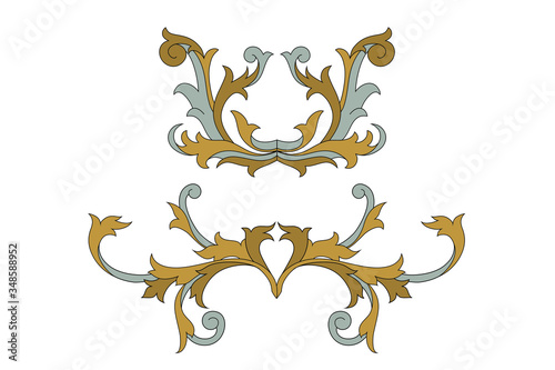 Heraldic medieval floral elements or royal family shield. Silver and golden vintage motif with filigree leaf heraldry. 