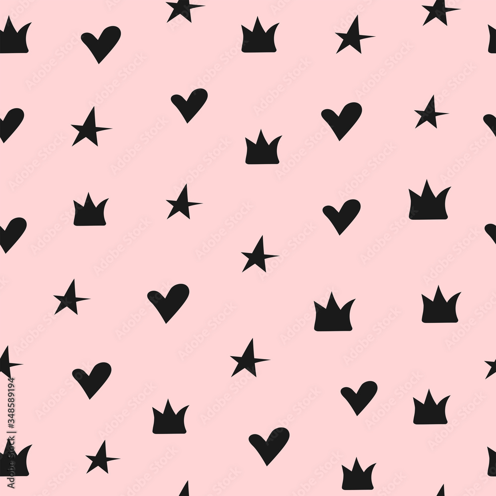 Naklejka Cute seamless pattern with crowns, hearts and stars. Girly vector illustration.