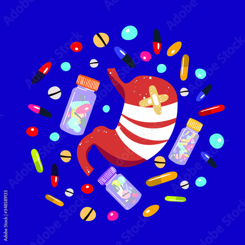 Stomach in bandages and patch vector illustration. Medication
banner with pills. Gastroenterology hand drawn banner for hospital.