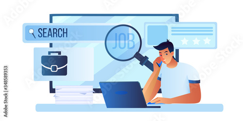 Vector stock illustration with young unemployed male character looking for job online. Recruitment concept with freelancer, laptop, smartphone, computer screen, magnifier, attache case